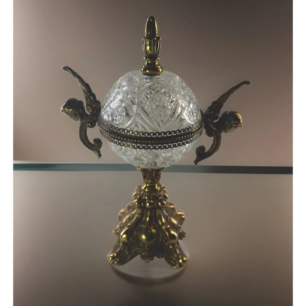 Vintage Hollywood Regency Cut Crystal Candy Dish Brass Cherub Lidded Compote